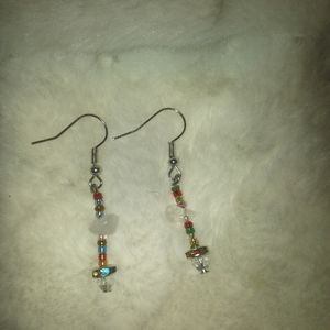 Handmade beaded dangling earrings with a clear smoky quartz.